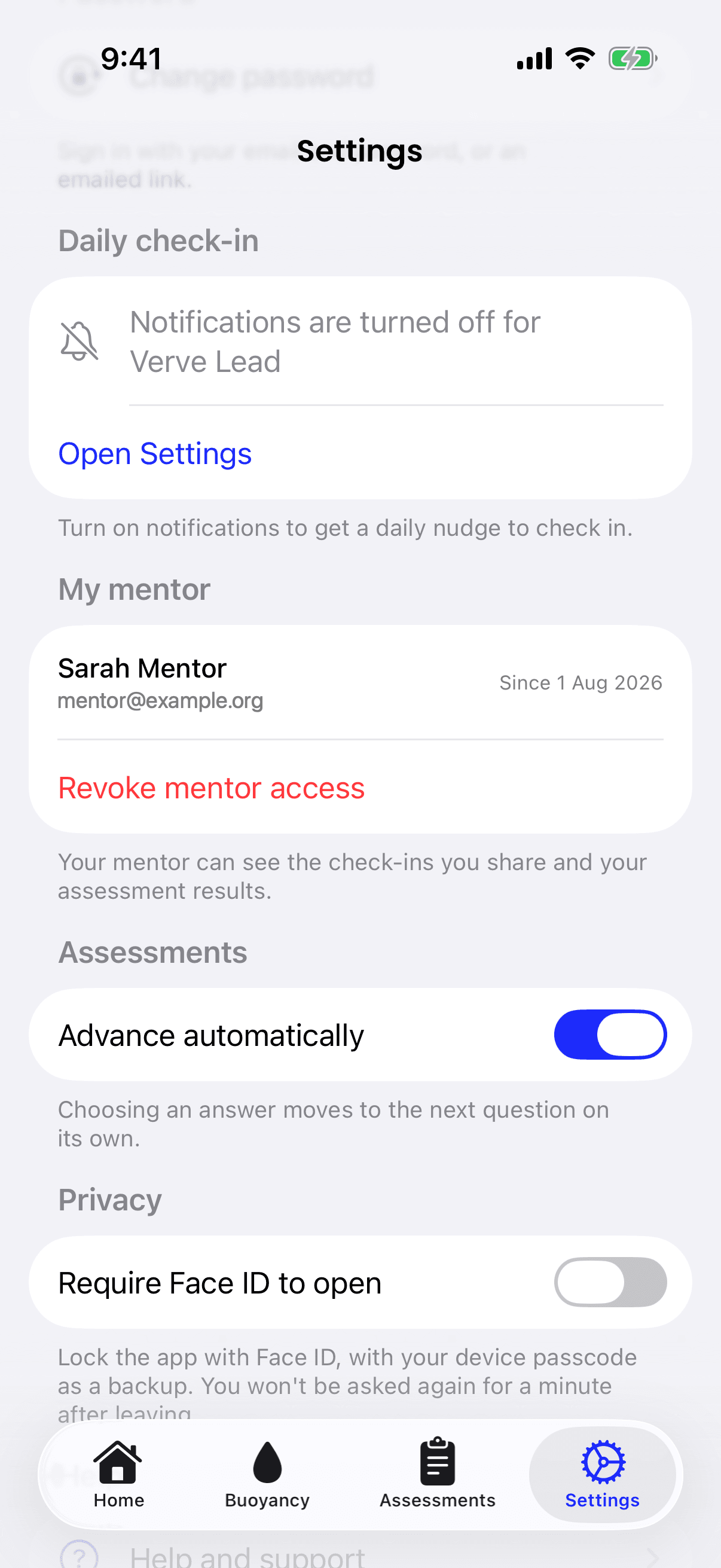 The Daily check-in section saying 'Notifications are turned off for Verve Lead', with an Open Settings button.