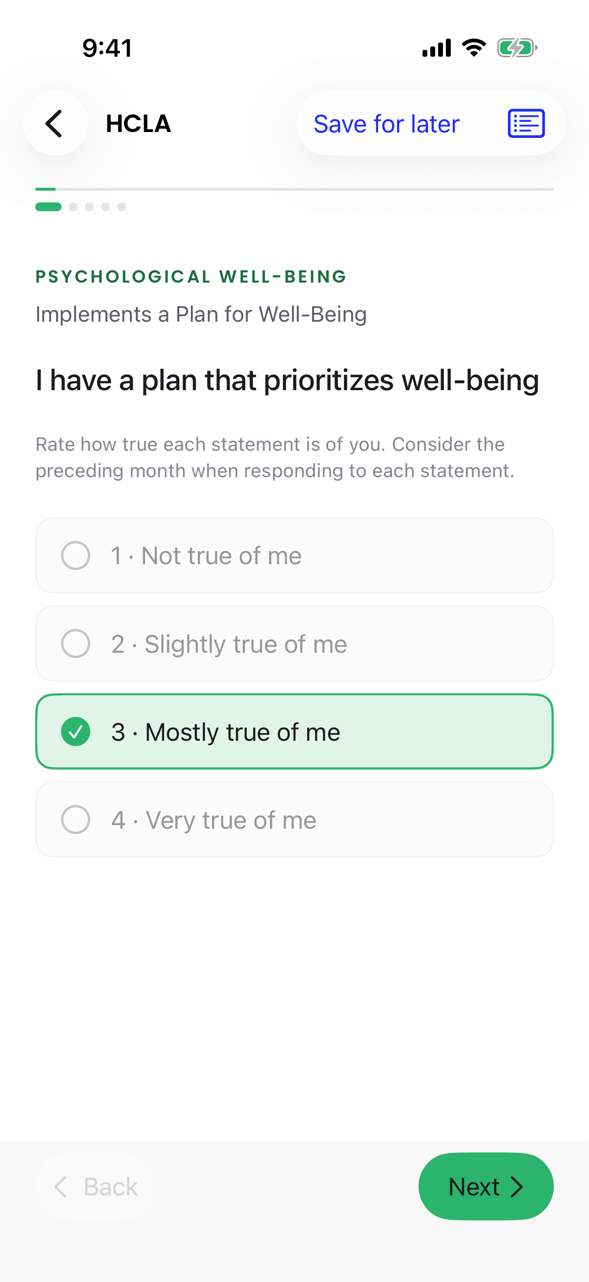 One HCLA statement on the iPhone, with 4 answers from 1 Not true of me to 4 Very true of me, the third one chosen, and Back and Next buttons at the bottom.