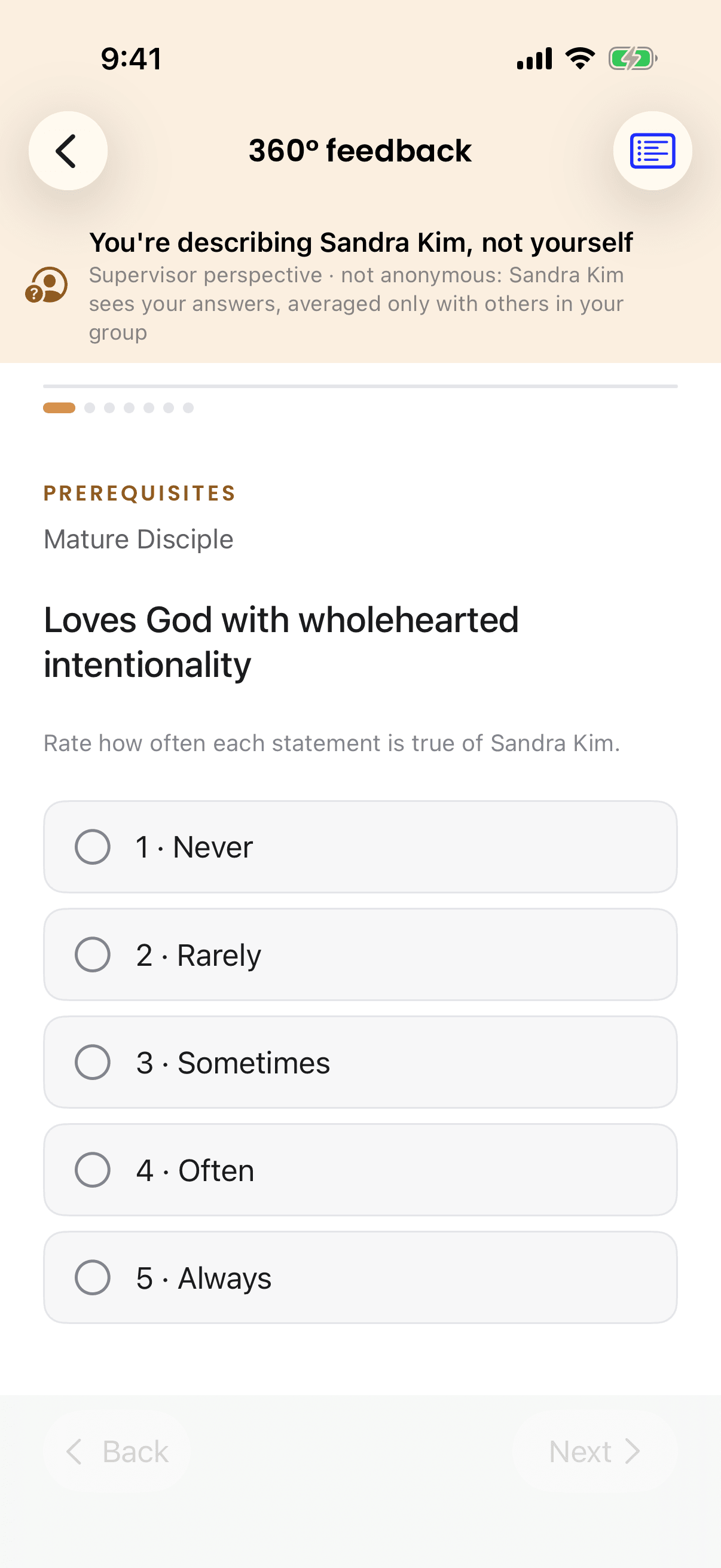 A statement on the iPhone 360° feedback screen, under a banner saying You're describing Sandra Kim, not yourself, with answers from Never to Always.