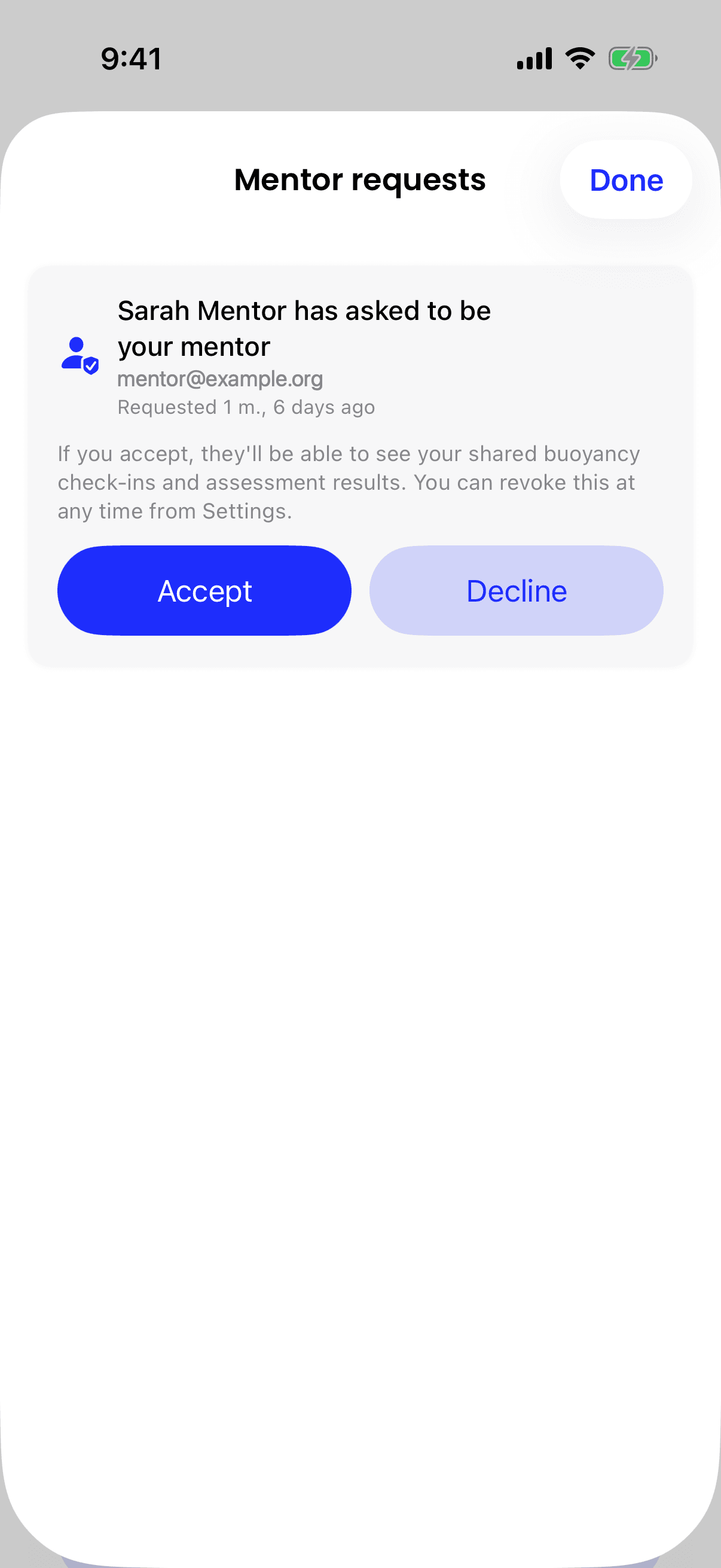 The iPhone Mentor requests sheet, showing Sarah Mentor's request, a line about what she will see, and Accept and Decline buttons.