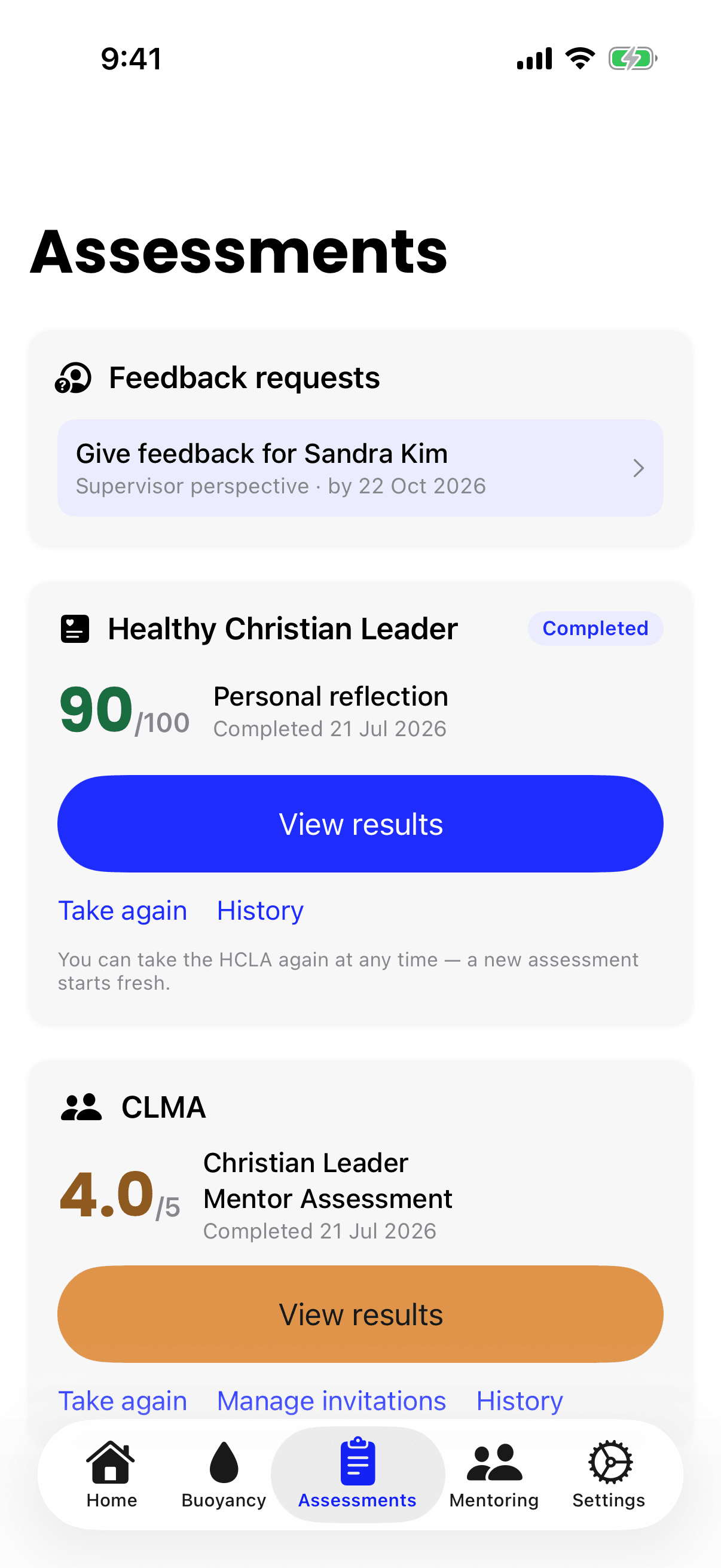The iPhone Assessments screen, with a Feedback requests card offering Give feedback for Sandra Kim, from a supervisor's perspective, and the date to answer by.