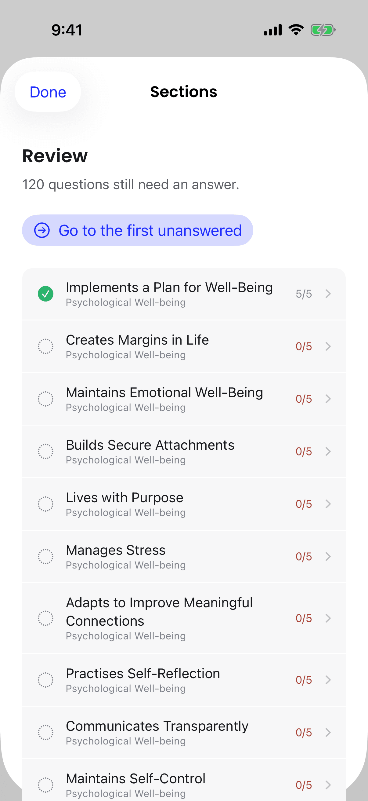 The iPhone Sections sheet, headed Review, saying 120 questions still need an answer, with a Go to the first unanswered button above a list of sections, each showing how many of its 5 statements are answered.