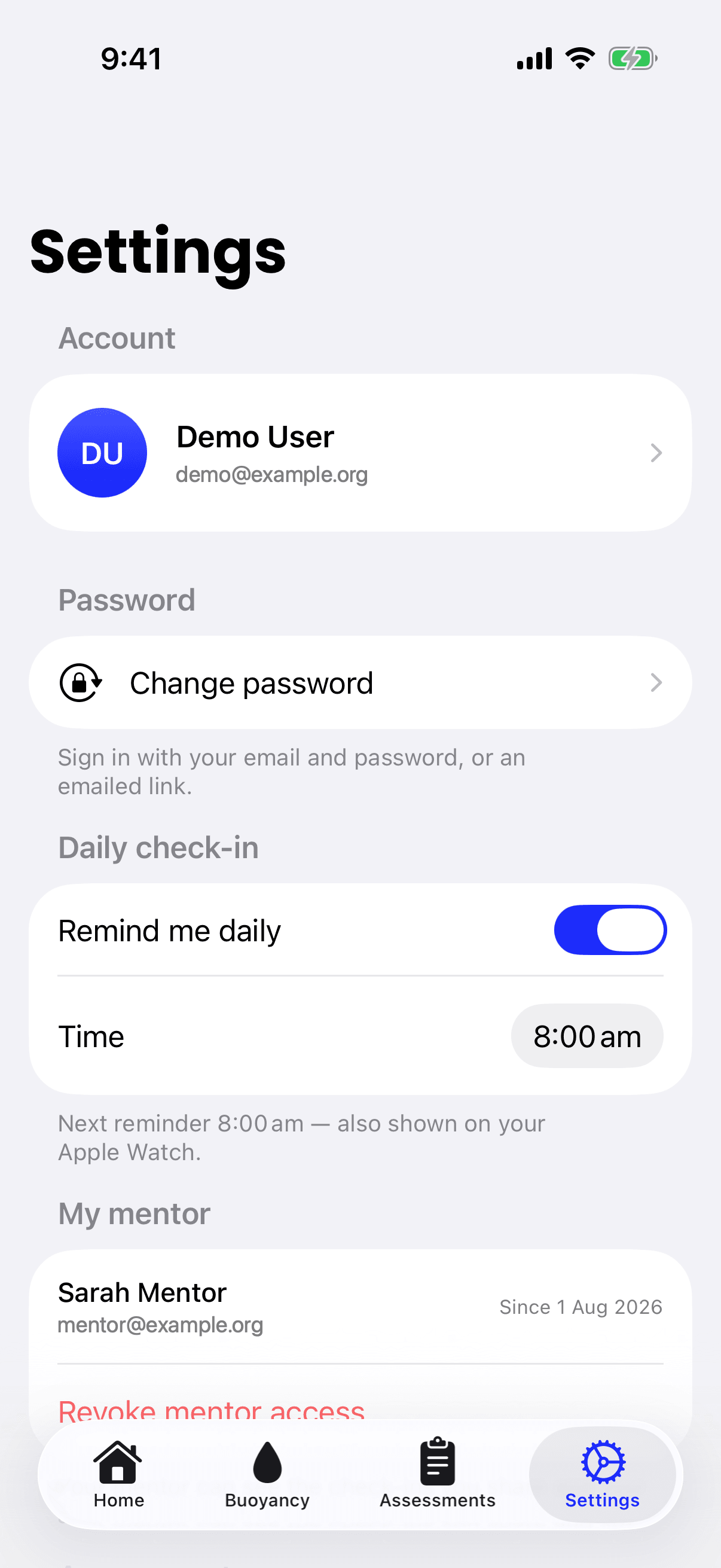 The iPhone Settings screen, with the Password section showing a Change password row and a note that you can sign in with your email and password, or an emailed link.