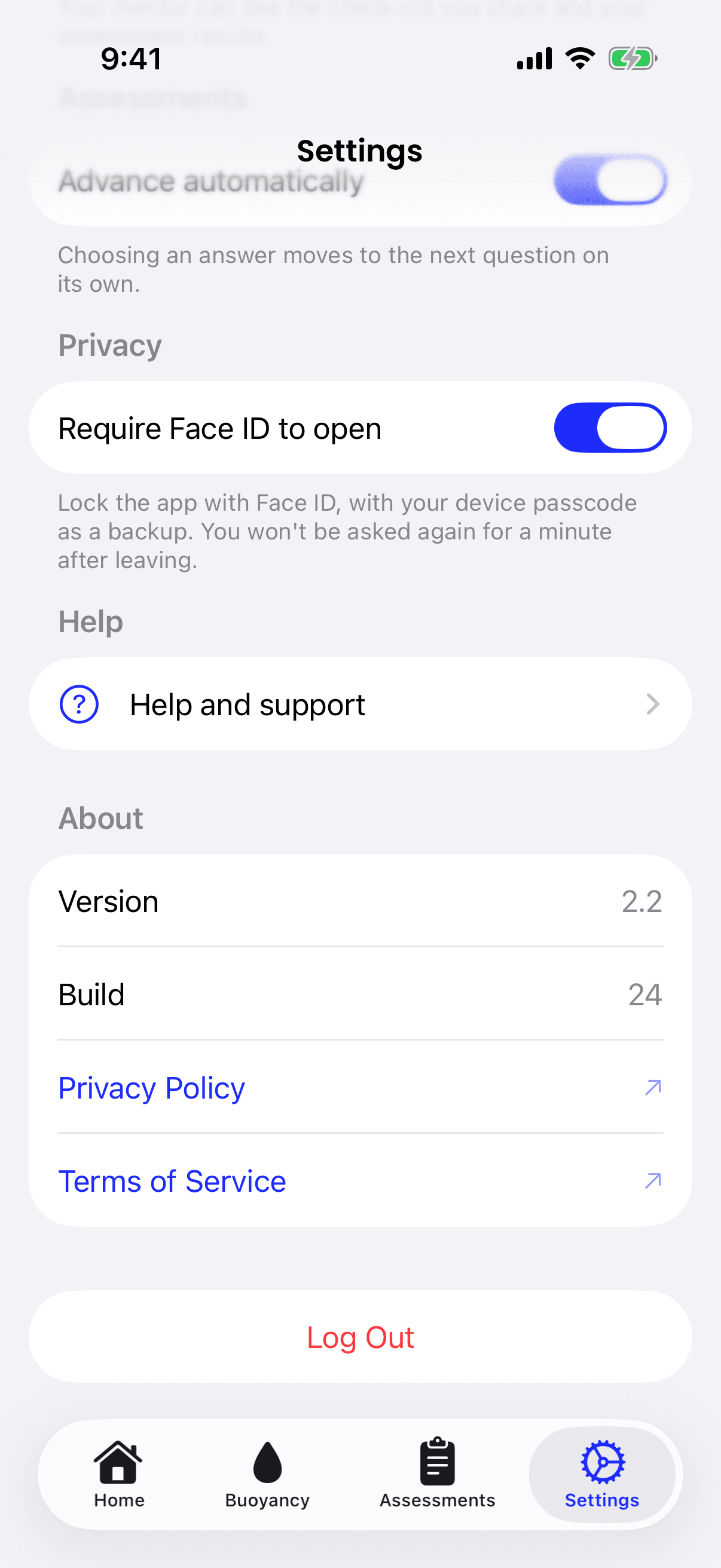 The Privacy section of the app's Settings, with Require Face ID to open switched on and a note that the device passcode is the backup.