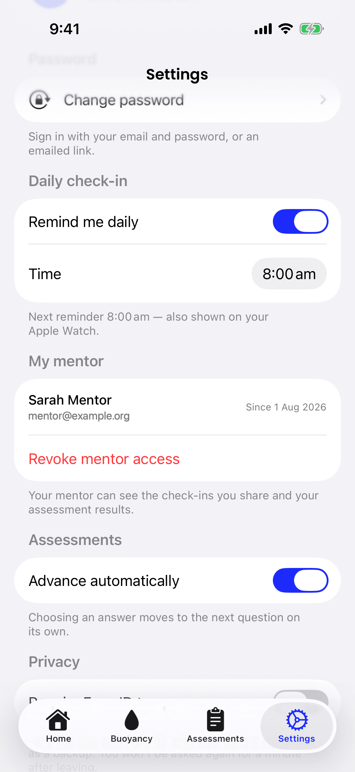 The Daily check-in section of the app's Settings, with Remind me daily switched on and the time set to 8:00 am.
