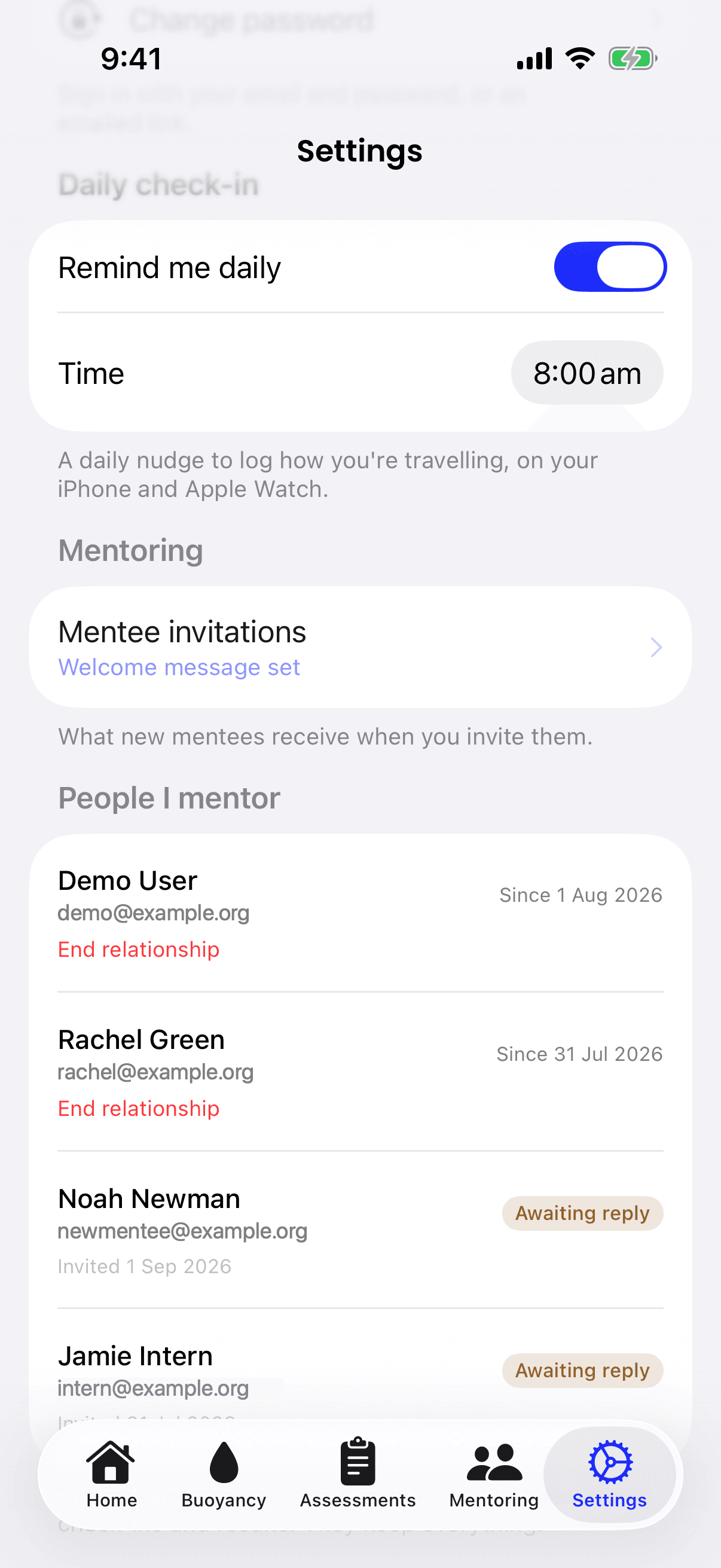 The iPhone Settings screen, with a Mentoring section holding a Mentee invitations row marked Welcome message set.