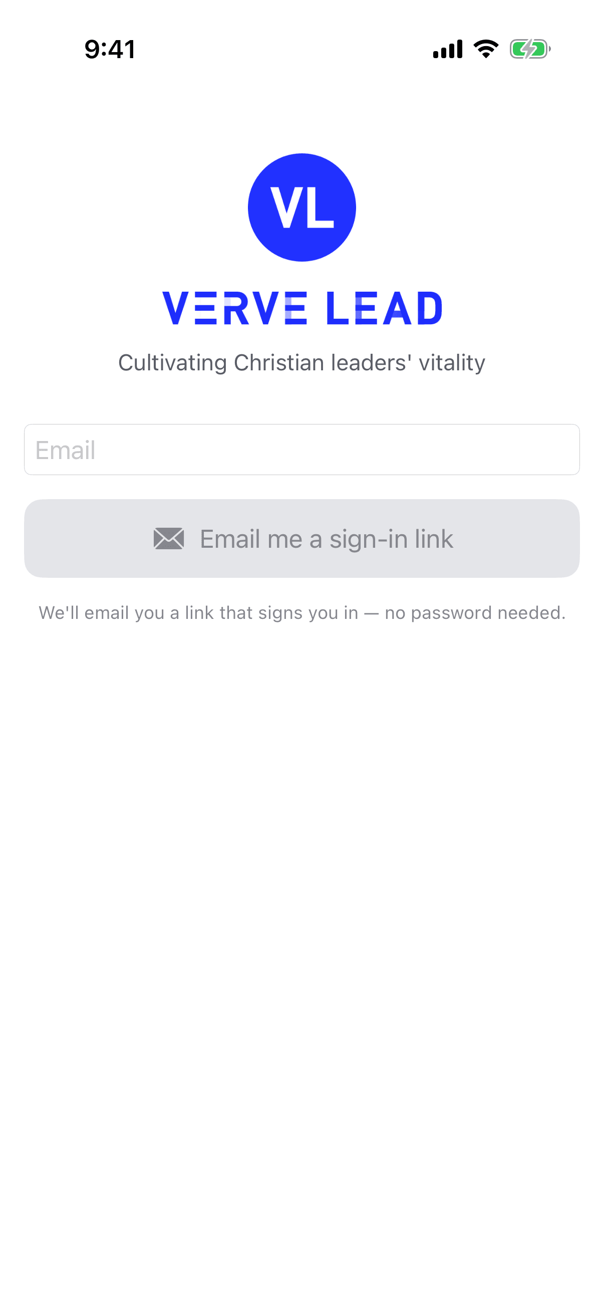 The app's sign-in screen, with the Verve Lead logo, an Email box and an Email me a sign-in link button.