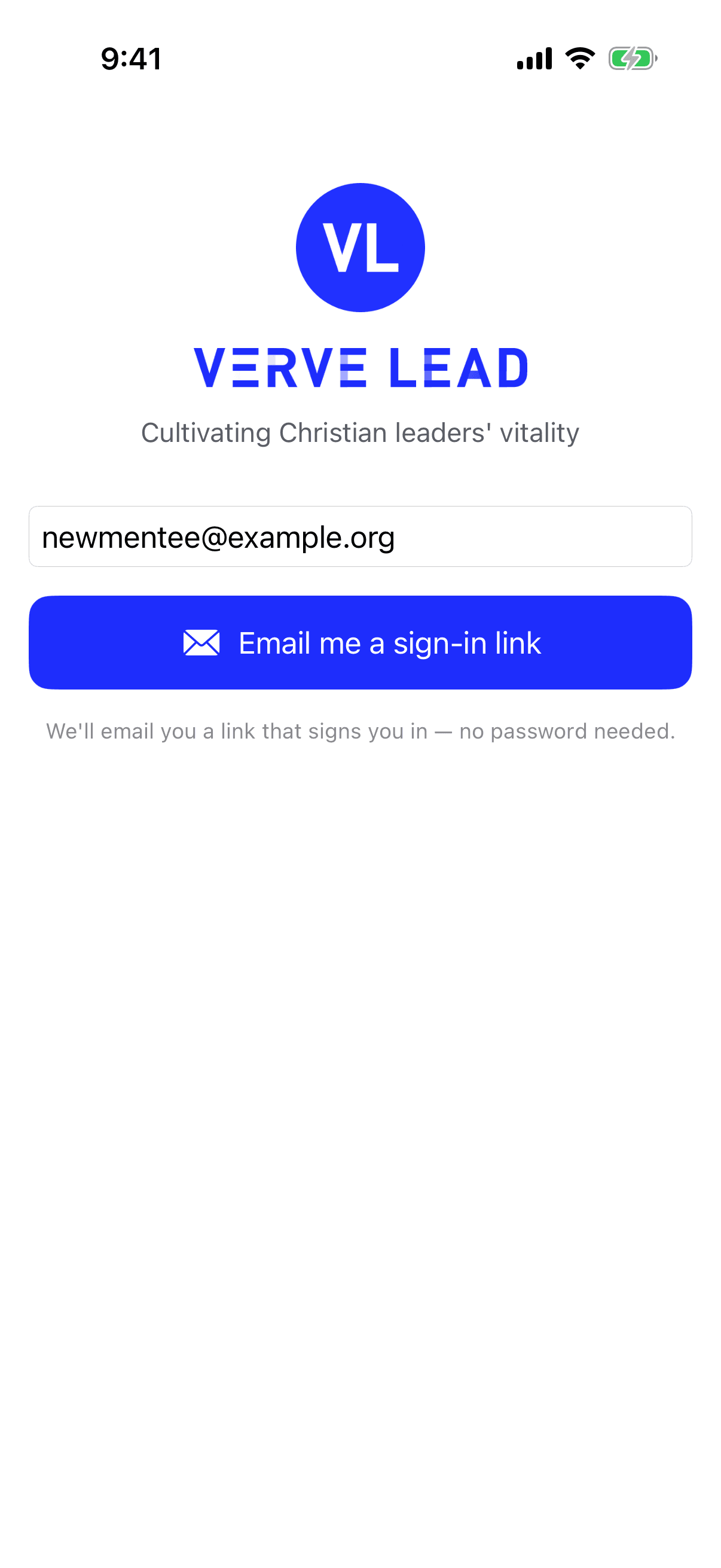 The app's sign-in screen, with the Verve Lead logo, an email address entered and an Email me a sign-in link button.