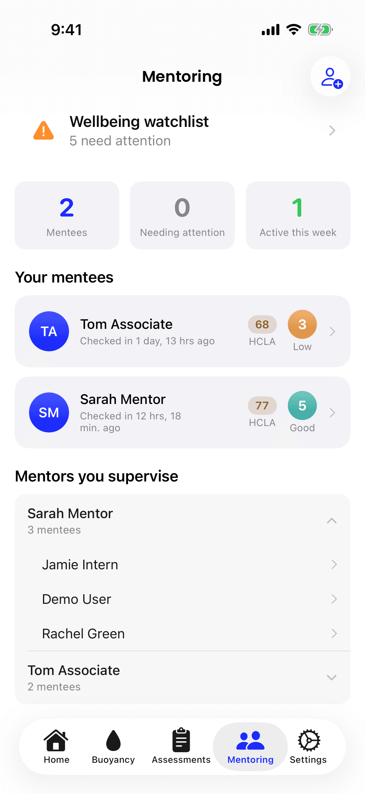 The iPhone Mentoring screen, with Mentors you supervise below Your mentees, and Sarah Mentor opened to show her 3 mentees.