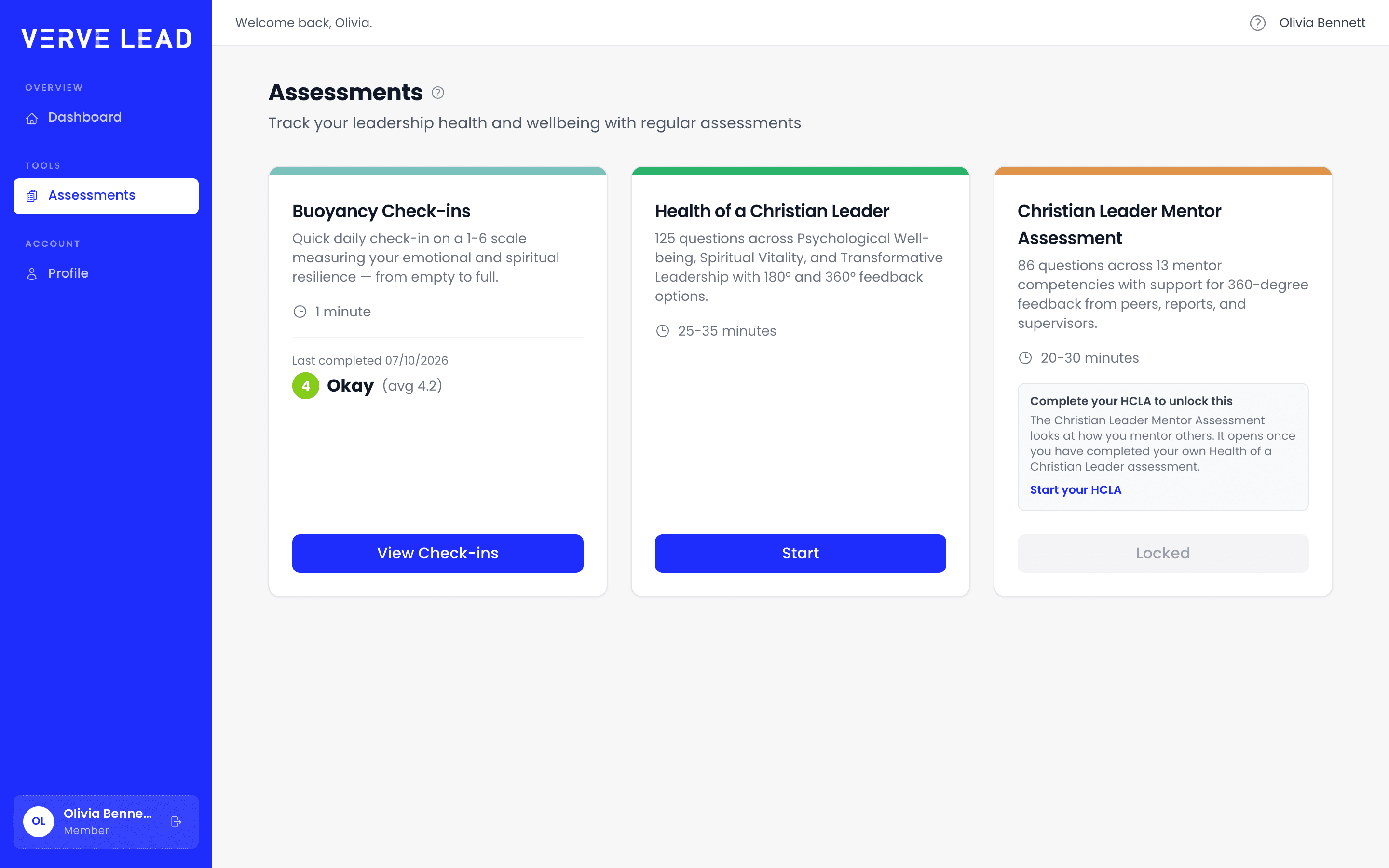 The Assessments page for someone on their own, with a menu of Dashboard, Assessments and Profile, and cards for Buoyancy Check-ins, Health of a Christian Leader, and the Christian Leader Mentor Assessment, which says 'Complete your HCLA to unlock this'.