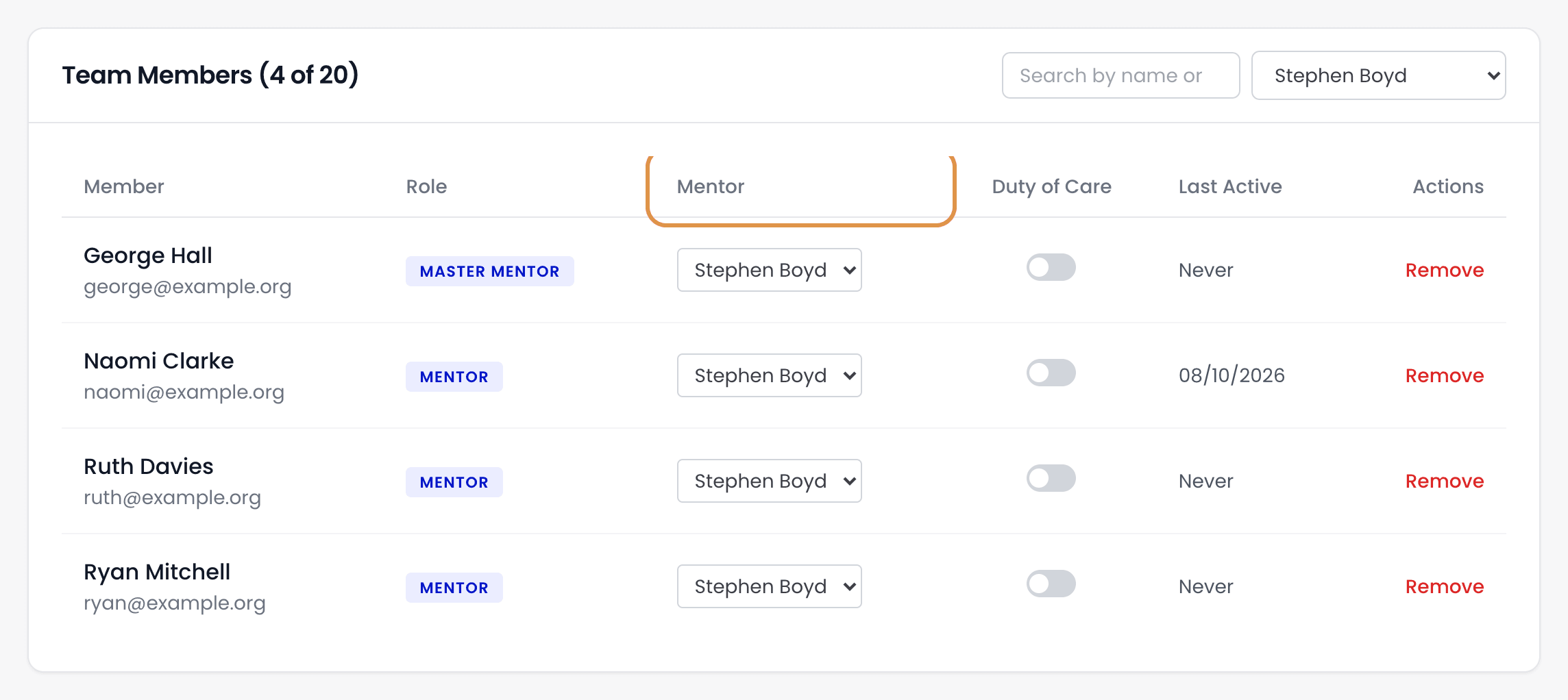 An administrator's Members list filtered to 4 people – George Hall, Naomi Clarke, Ruth Davies and Ryan Mitchell, each a Mentor or Master Mentor – with Stephen Boyd chosen in the ringed Mentor column for each.