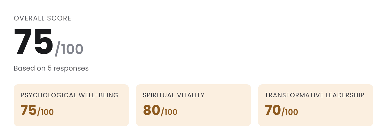An overall score of 75 out of 100, based on 5 responses, above scores for psychological well-being, spiritual vitality and transformative leadership.