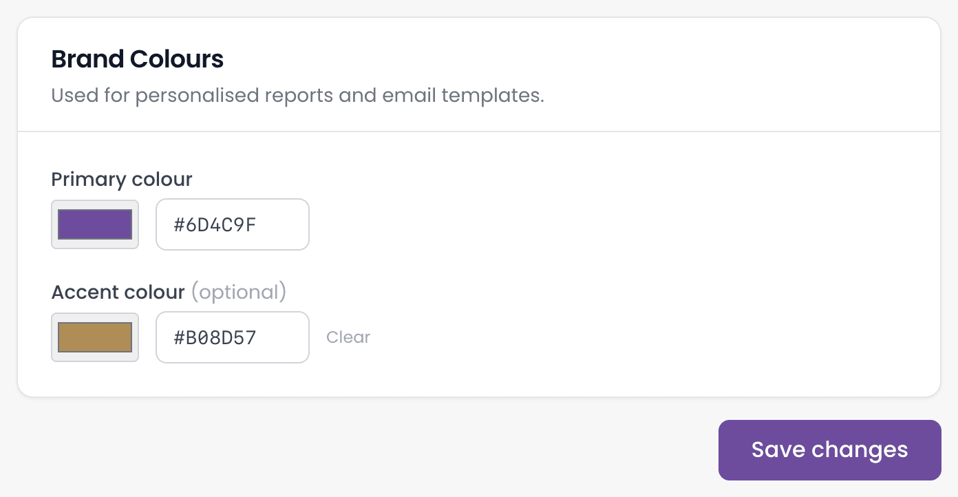 The Brand Colours panel, with a purple Primary colour of #6D4C9F, an optional gold Accent colour of #B08D57 with a Clear link, and a Save changes button below.