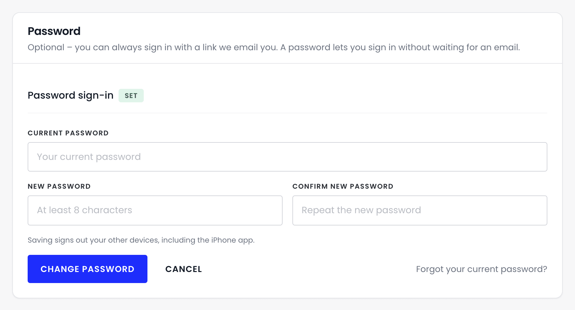 The Password card opened to change the password, with boxes for Current password, New password and Confirm new password, and Change password, Cancel and Forgot your current password? buttons.