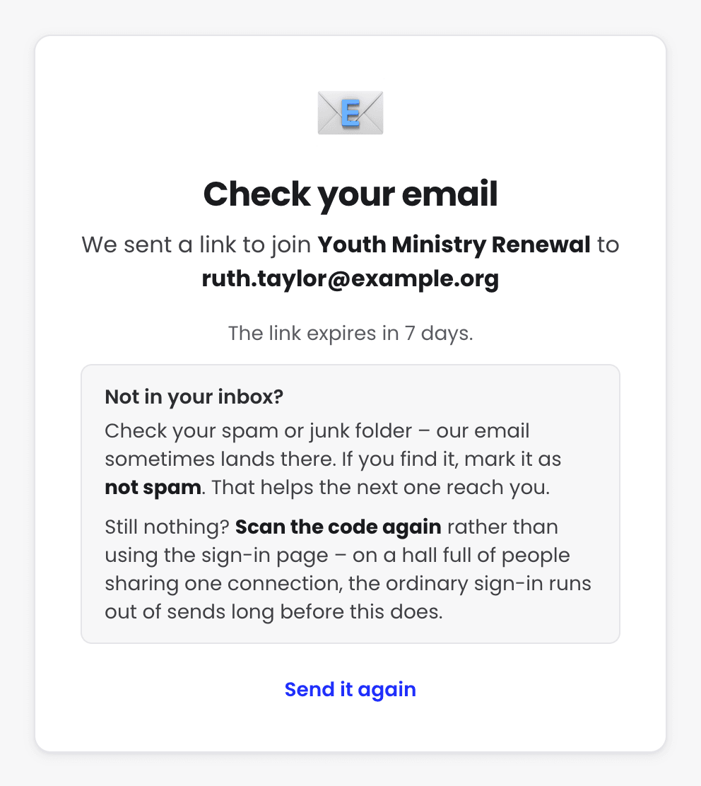 The Check your email screen, saying a link to join Youth Ministry Renewal was sent, with advice to scan the code again if nothing arrives and a Send it again button.