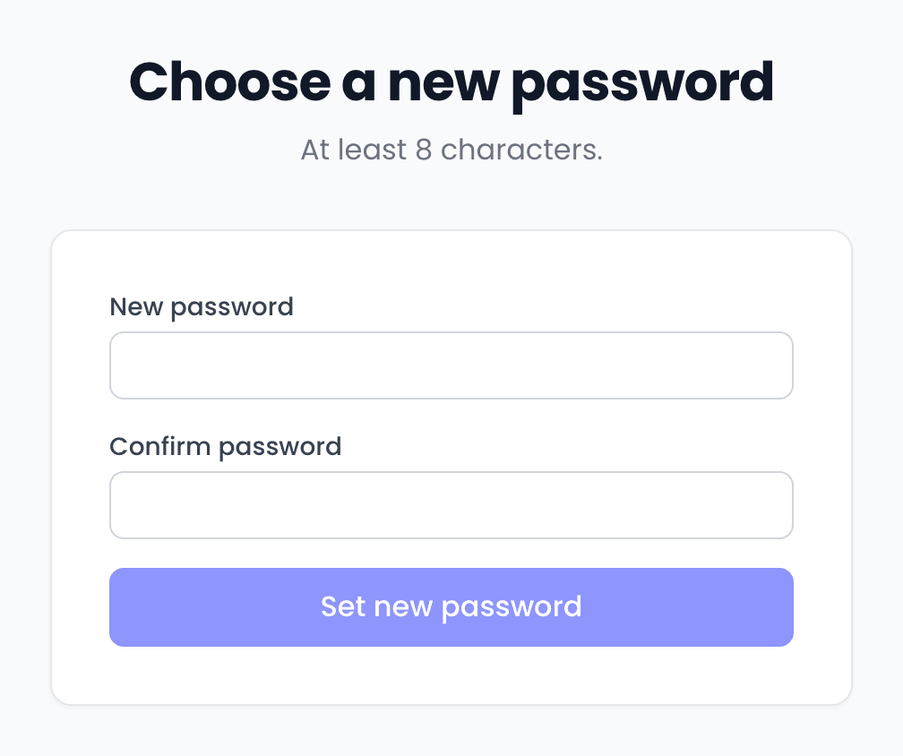 The Choose a new password page, with New password and Confirm password boxes and a Set new password button.