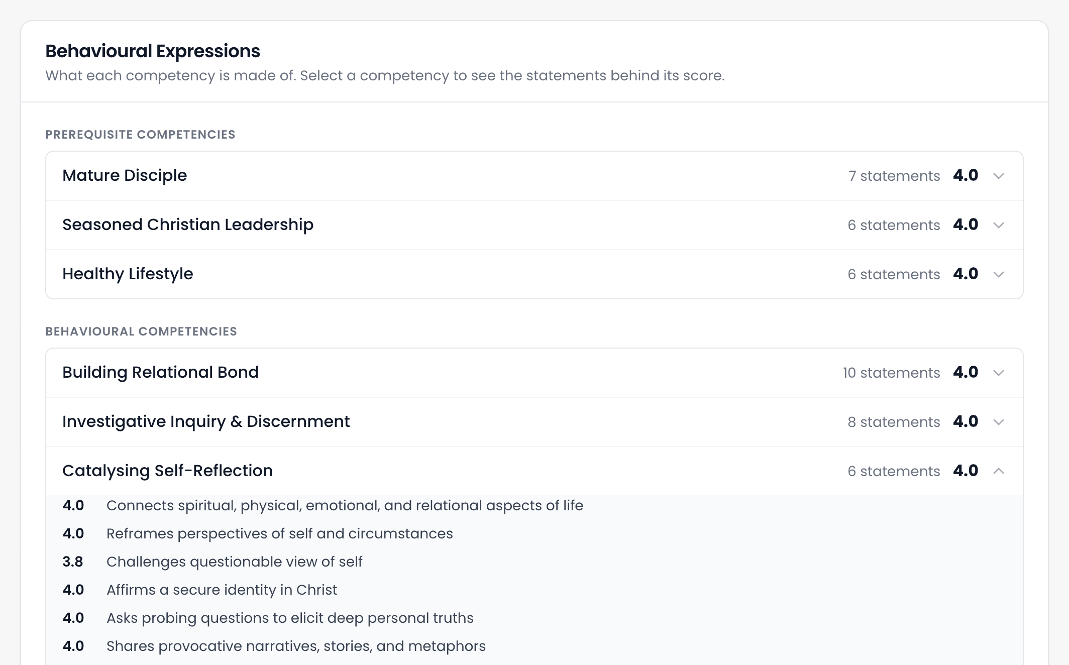 Behavioural Expressions, listing the prerequisite and behavioural competencies, with Catalysing Self-Reflection opened to show 6 statements and their scores.