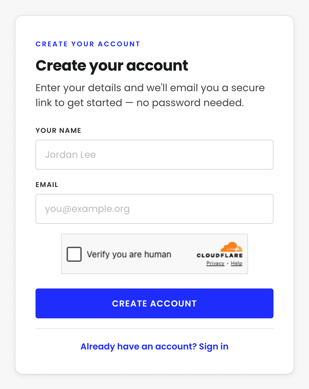 The Create your account page, with boxes for your name and email, a 'Verify you are human' check box and a Create account button.