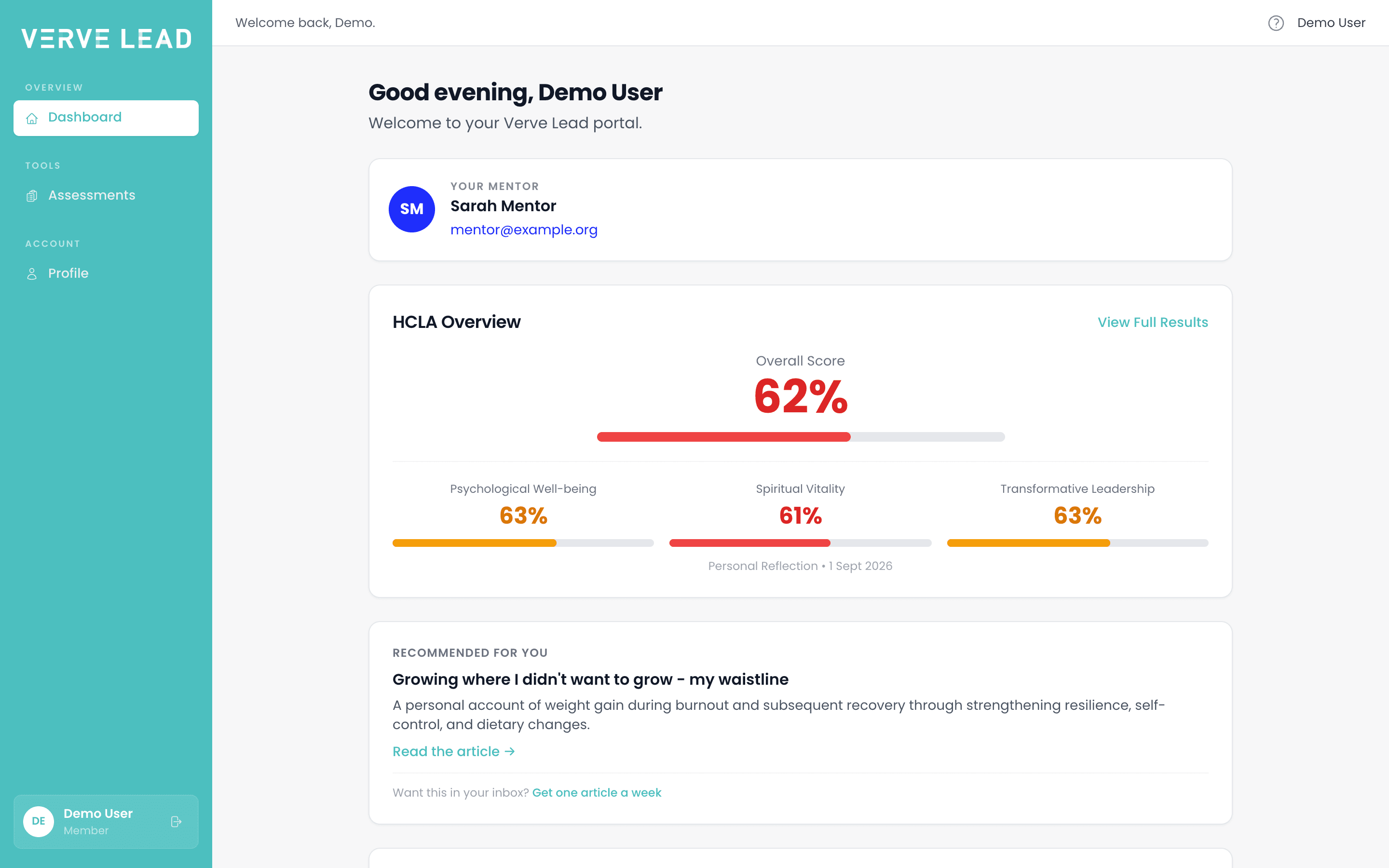 The Verve Lead dashboard for a leader, with the sidebar on the left showing Dashboard, Assessments and Profile, and cards for the leader's mentor and latest assessment results.
