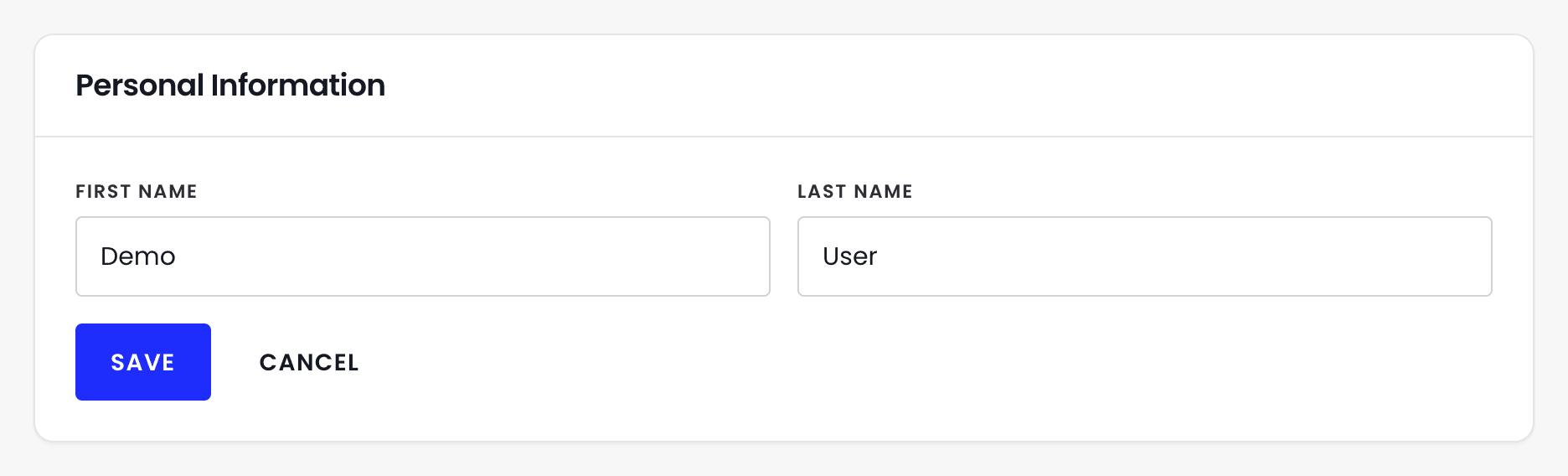 The Personal Information card in edit mode, with First name and Last name boxes and Save and Cancel buttons.