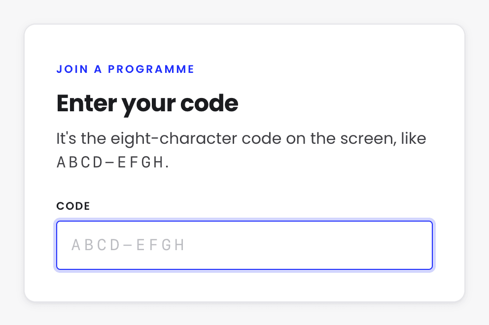 The join page asking 'Enter your code', explaining it is the 8-character code on the screen, with an empty code box.