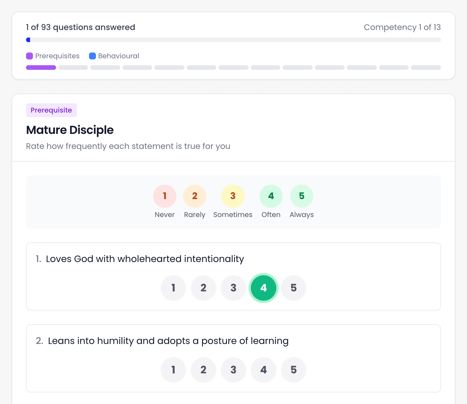 The first competency, Mature Disciple, under a progress bar reading 1 of 93 questions answered and Competency 1 of 13, with a scale from 1 Never to 5 Always and the first statement answered with 4.