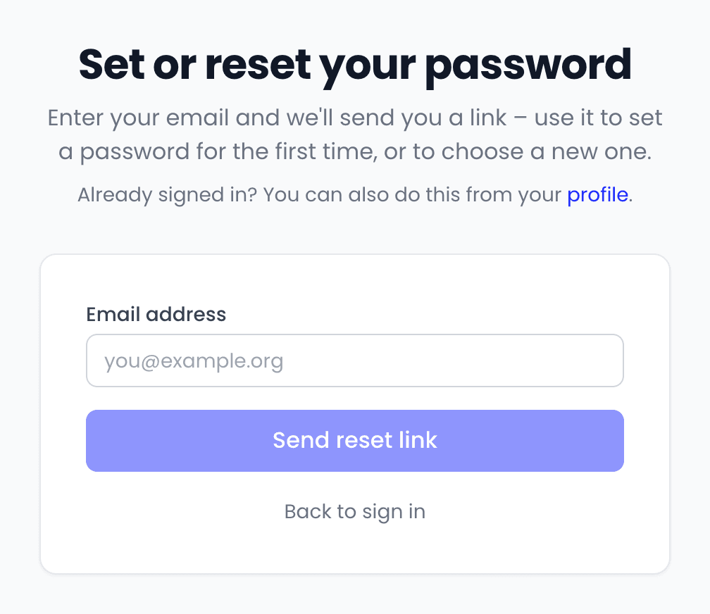 The Set or reset your password page, with an Email address box and a Send reset link button.