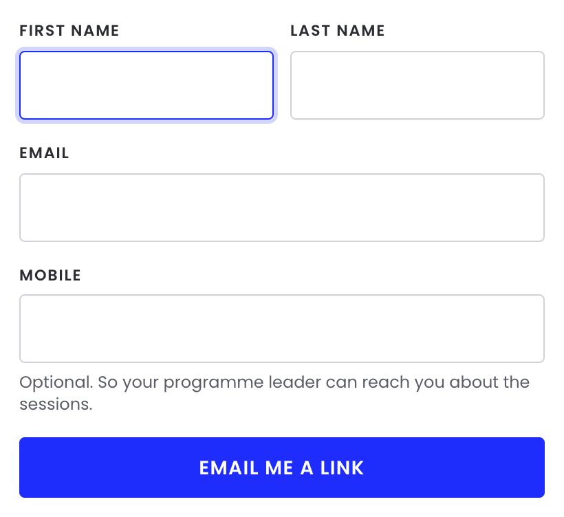 The join form, with boxes for first name, last name, email and an optional mobile number, above an Email me a link button.