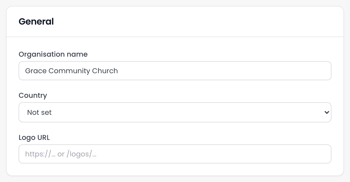 The General panel, with Grace Community Church in the Organisation name box, a Country list set to Not set, and an empty Logo URL box.
