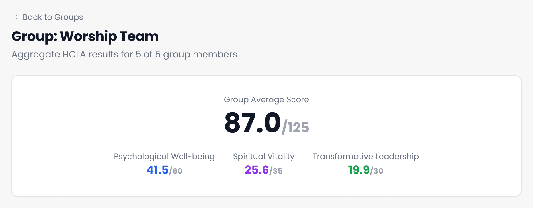 The results page for Group: Worship Team, saying it covers 5 of 5 group members, with a group average score of 87.0 out of 125 and averages for psychological well-being, spiritual vitality and transformative leadership.