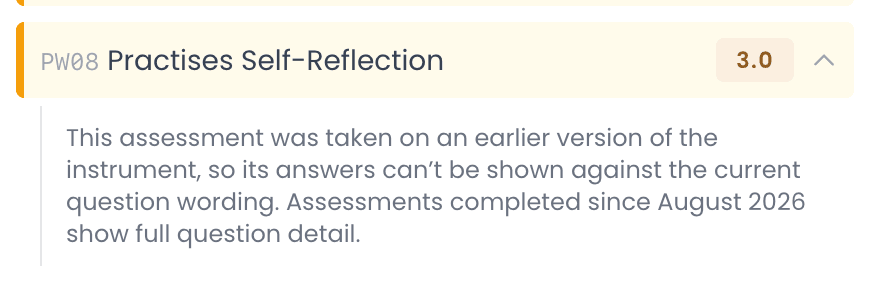 Practises Self-Reflection opened on an older assessment, explaining that it was taken on an earlier version and that assessments completed since August 2026 show full question detail.