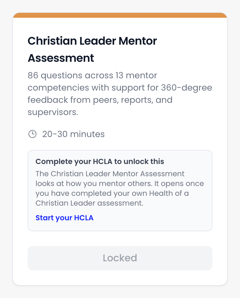 The Christian Leader Mentor Assessment card with a notice headed 'Complete your HCLA to unlock this', explaining that it opens once you have completed your own Health of a Christian Leader assessment, a Start your HCLA link and a greyed-out Locked button.