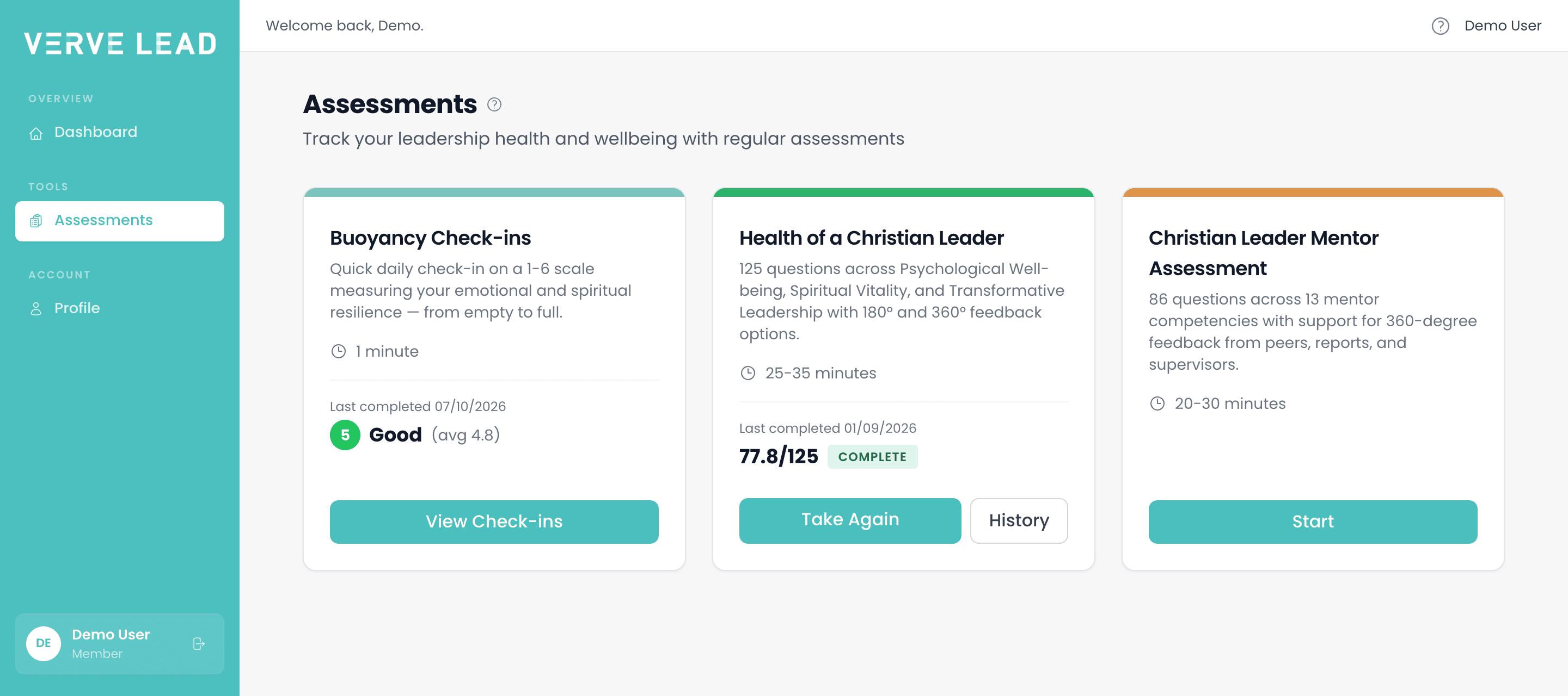 The Assessments page, with cards for Buoyancy Check-ins, Health of a Christian Leader and Christian Leader Mentor Assessment, each with its own button.
