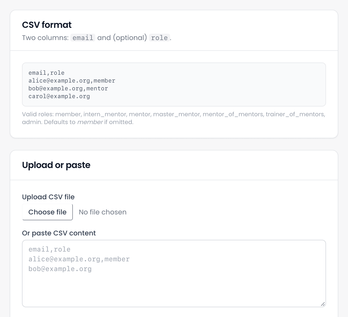 The CSV format panel, showing an example with email and role columns and the list of valid roles, above the Upload or paste panel.