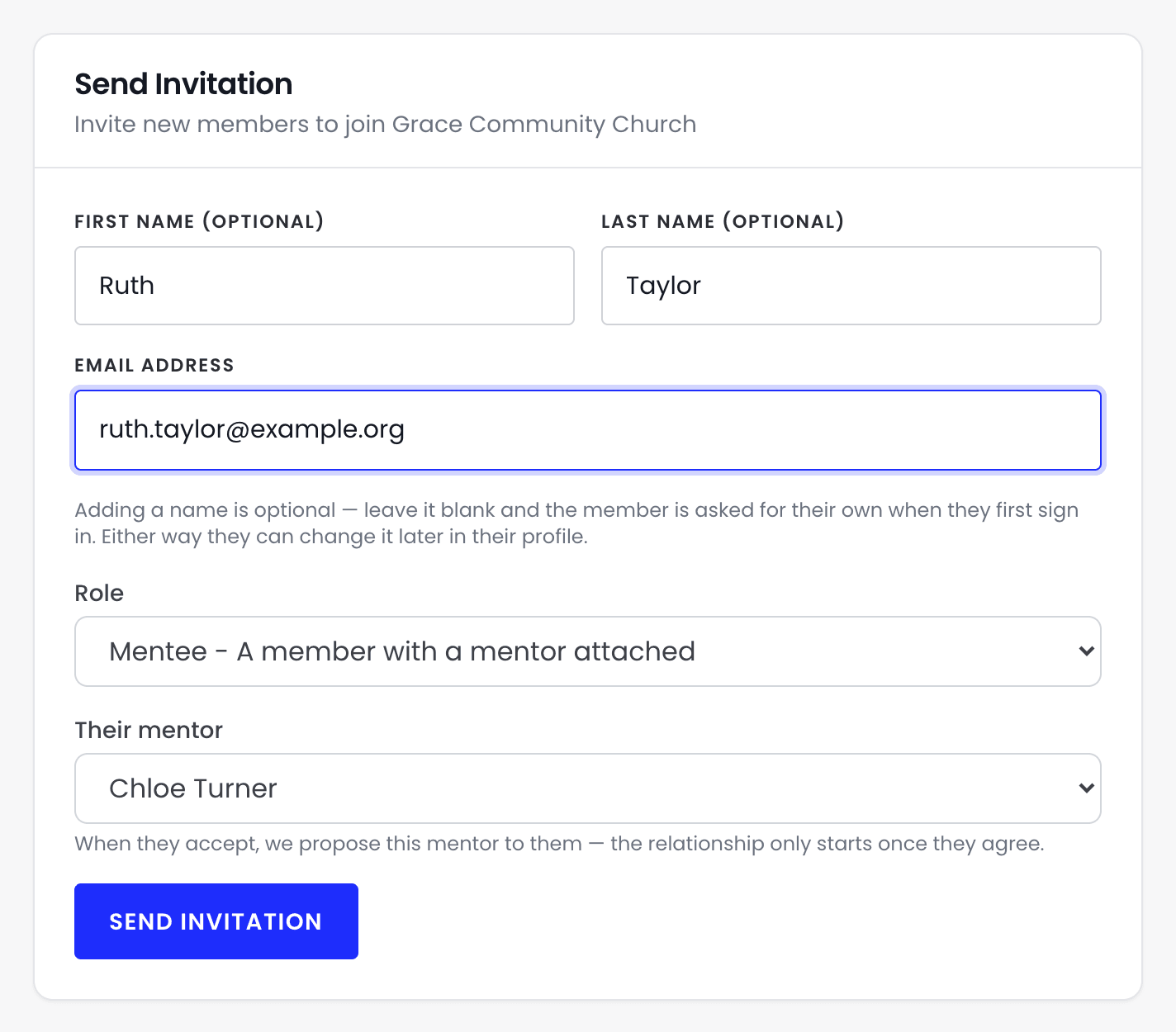 The Send Invitation form, filled in for Ruth Taylor with the role Mentee and a mentor chosen, above a Send Invitation button.