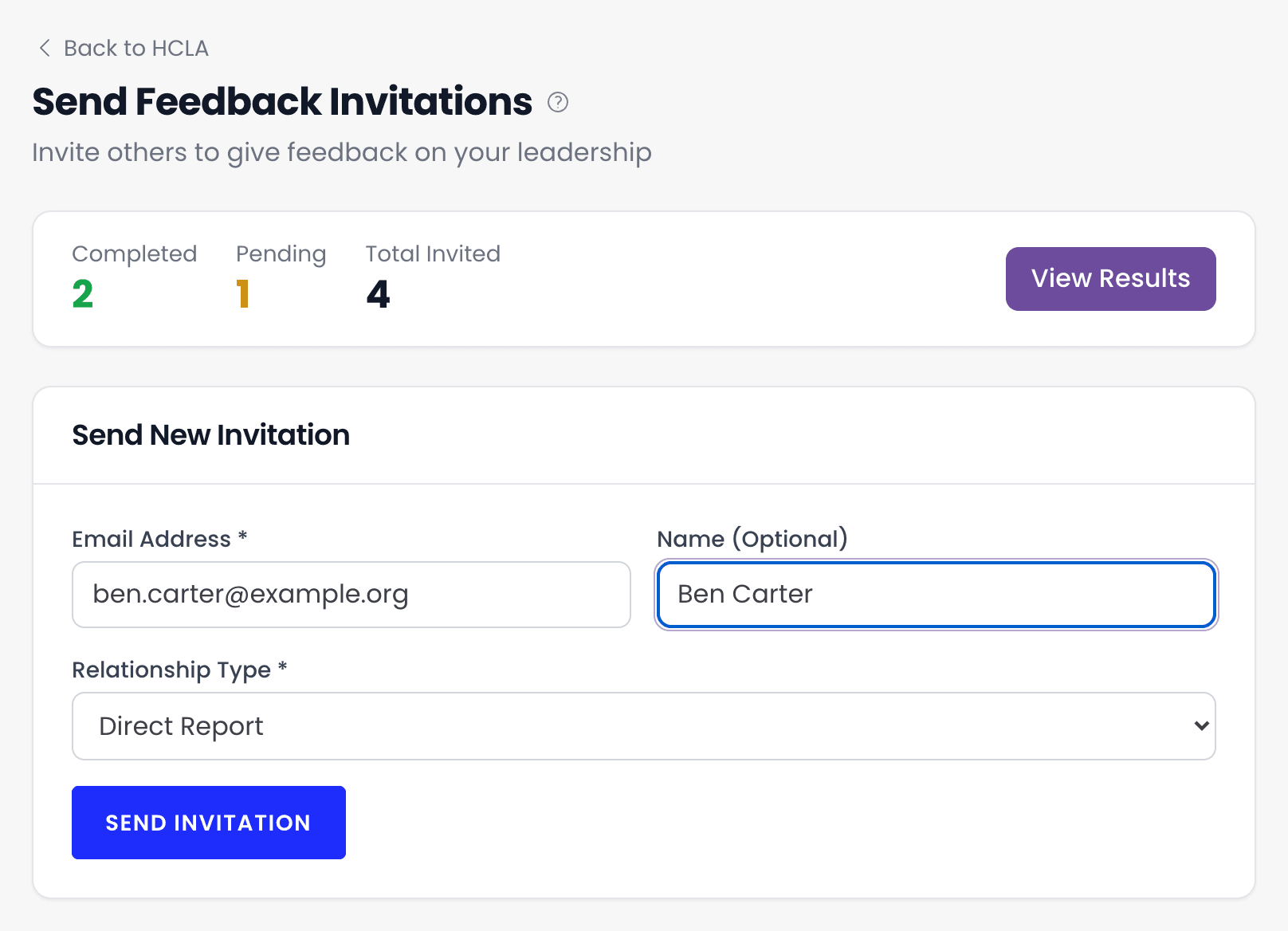 The Send Feedback Invitations page, with counts of completed, pending and total invitations above a form for an email address, a name and a relationship type, and a Send Invitation button.