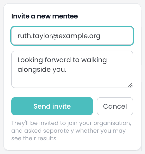 The Invite a new mentee box, with an email address entered, a welcome message that reads 'Looking forward to walking alongside you.', and Send invite and Cancel buttons.