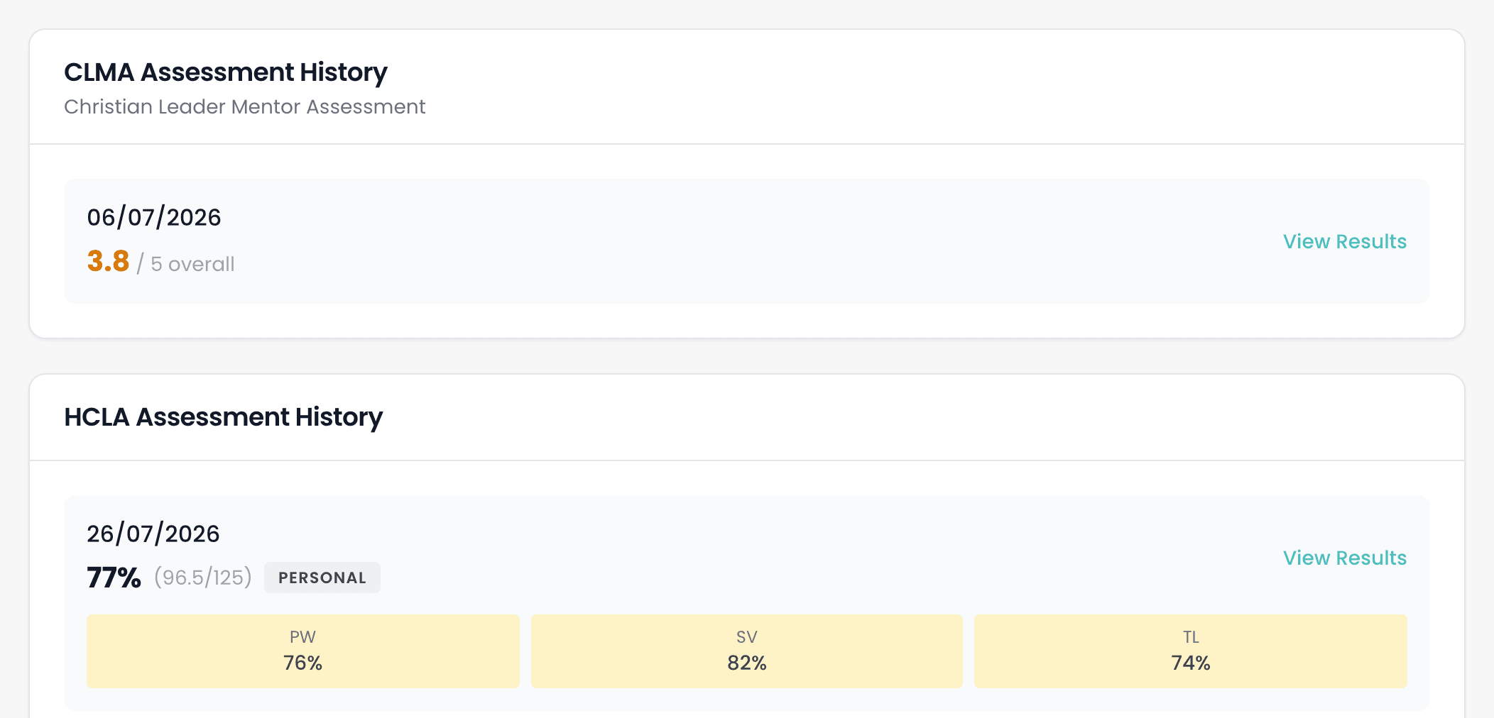 The CLMA Assessment History panel, showing one Christian Leader Mentor Assessment scored 3.8 out of 5, above the HCLA Assessment History panel with a result from 26 July 2026.