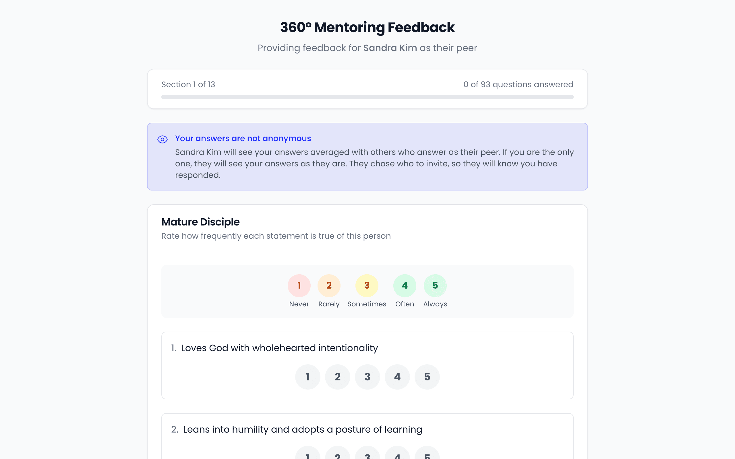 The top of the 360° Mentoring Feedback page, naming the mentor and the relationship, with a progress bar and a note that the mentor will see the answers averaged with others in the same group.