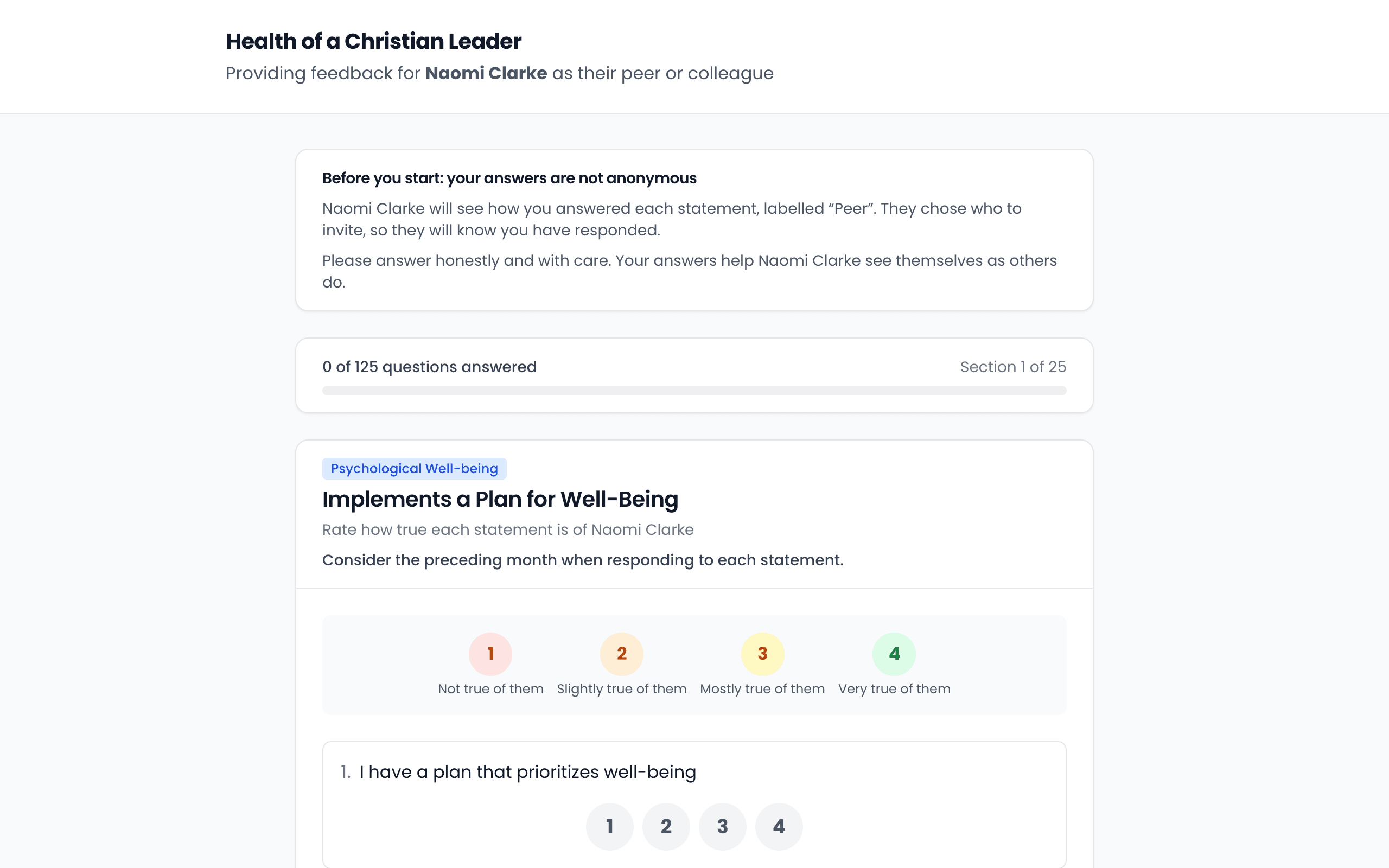 The top of the feedback page, naming the leader and the relationship, with a note that the leader will see each answer under the label Peer, and a progress bar at 0 of 125 questions answered.