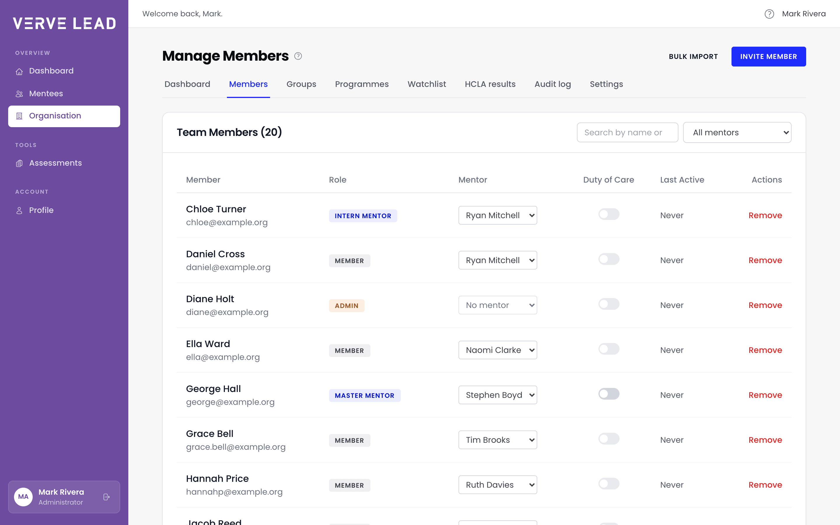 The Manage Members page, with tabs for Dashboard, Members, Groups, Programmes and more, Bulk import and Invite member buttons, and the Team Members table listing each person with their role, mentor, duty-of-care switch, Last Active (Never for everyone shown) and a Remove link.