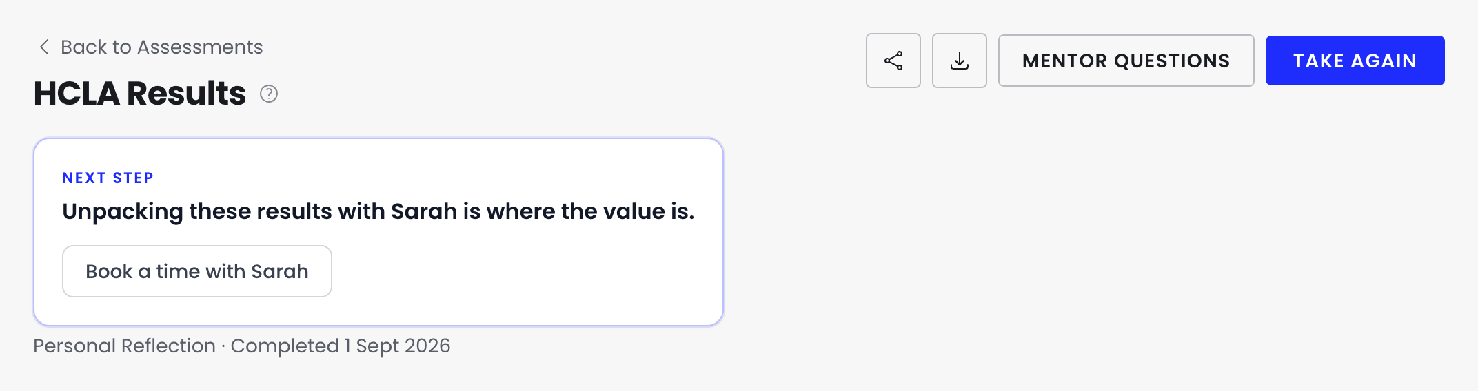 The top of the HCLA Results page, with buttons to share, download, see mentor questions and take the assessment again, and a Next step card suggesting a time with the leader's mentor.