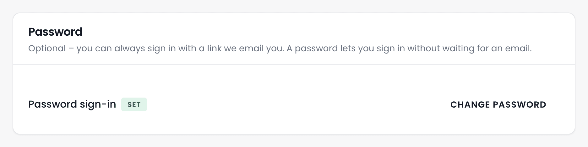 The Password card on the Profile page, explaining that a password is optional, with Password sign-in marked Set and a Change password button.