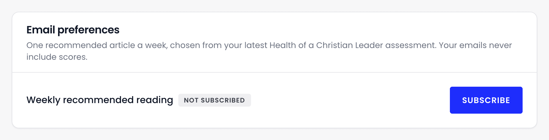 The Email preferences card, describing one recommended article a week with no scores, with Weekly recommended reading marked Not subscribed and a Subscribe button.