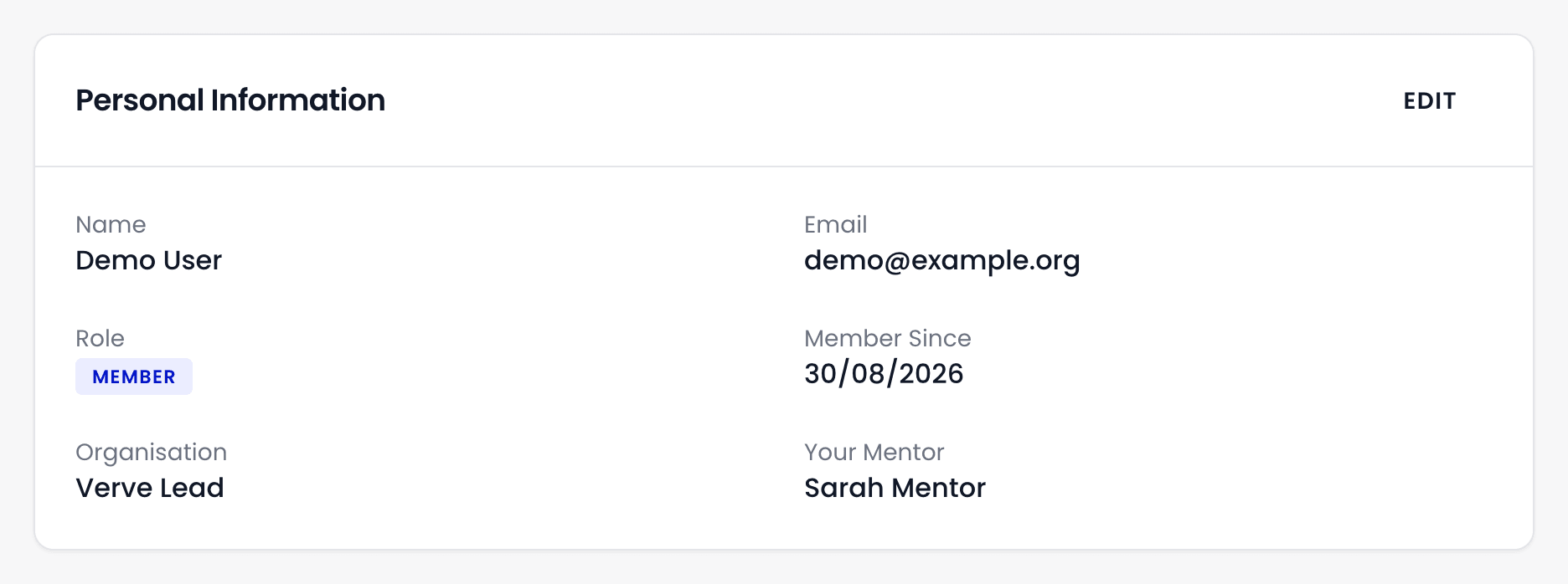 The Personal Information card on the Profile page, showing name, email, role, the date the person joined, their organisation and their mentor, with an Edit button.