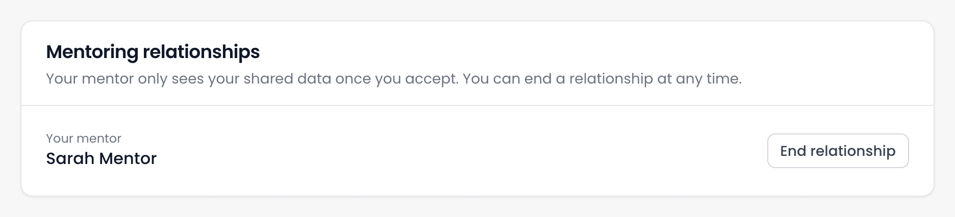 The Mentoring relationships panel on the Profile page, showing Sarah Mentor as your mentor and an End relationship button.