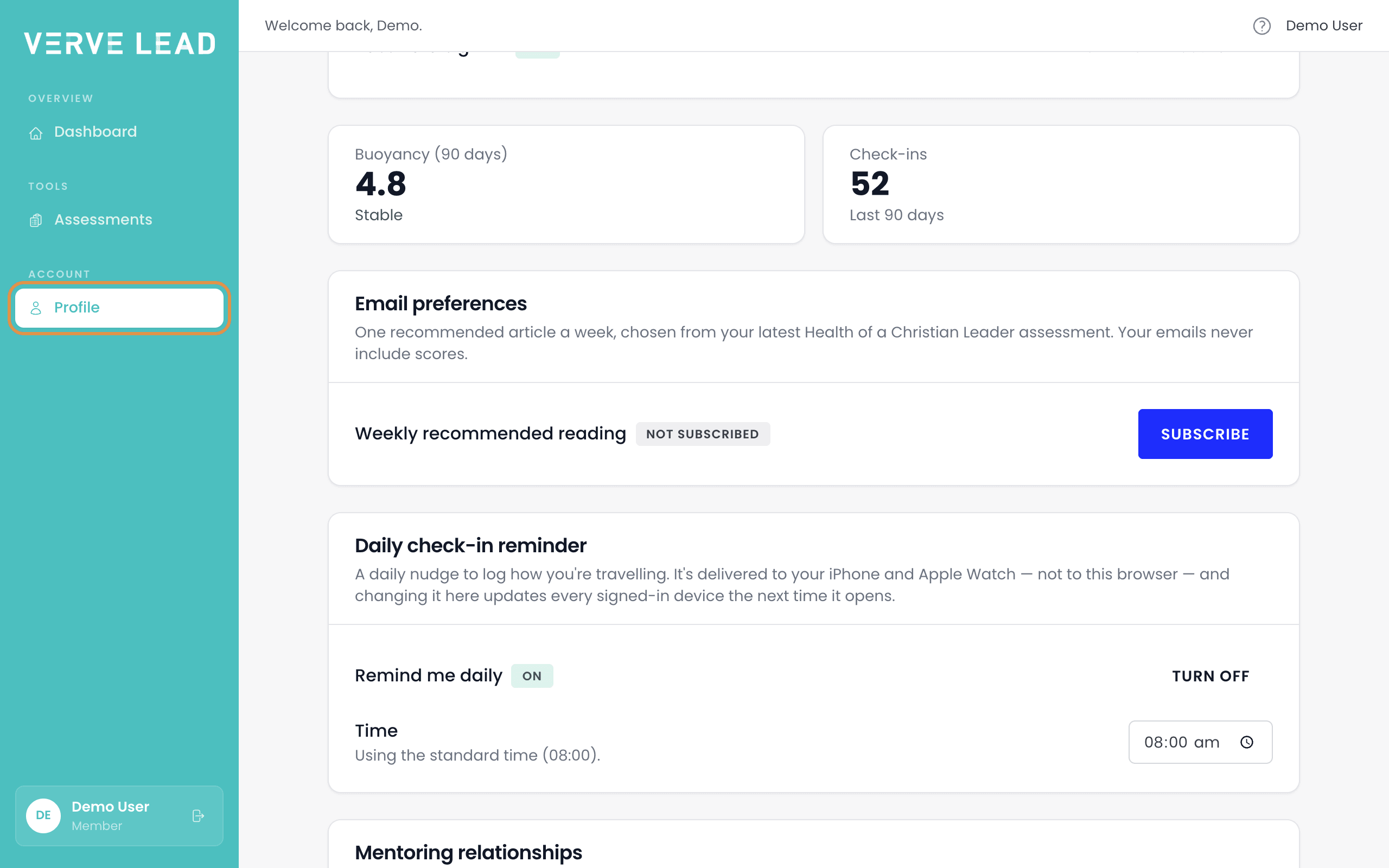 The Profile page, with Profile highlighted in the sidebar and the Daily check-in reminder panel below the email preferences.