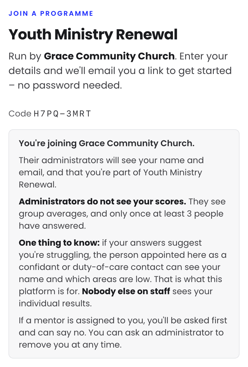 The join page for the programme Youth Ministry Renewal, run by Grace Community Church, showing the code H7PQ-3MRT and a box explaining what the organisation's administrators will and will not see.