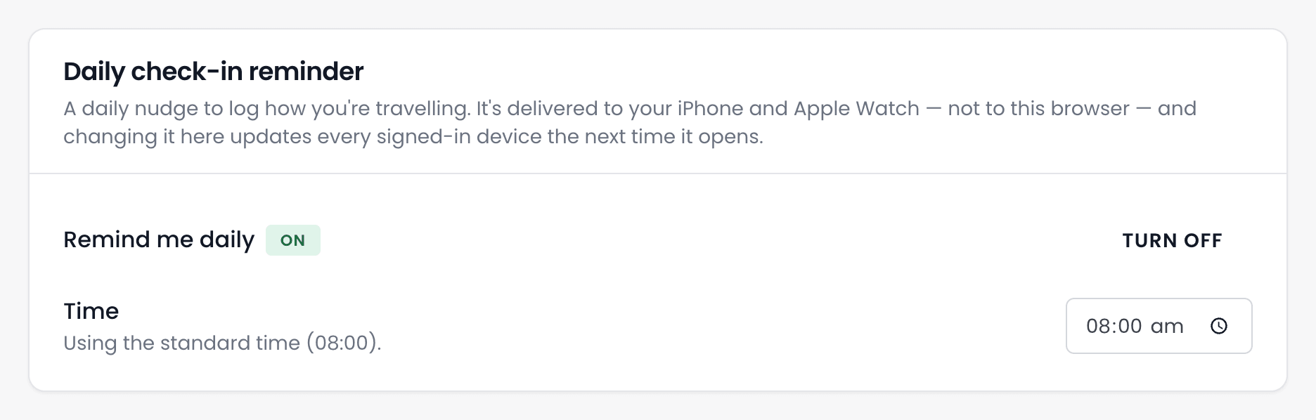 The Daily check-in reminder panel on the Profile page, switched on, using the standard time of 8 am.