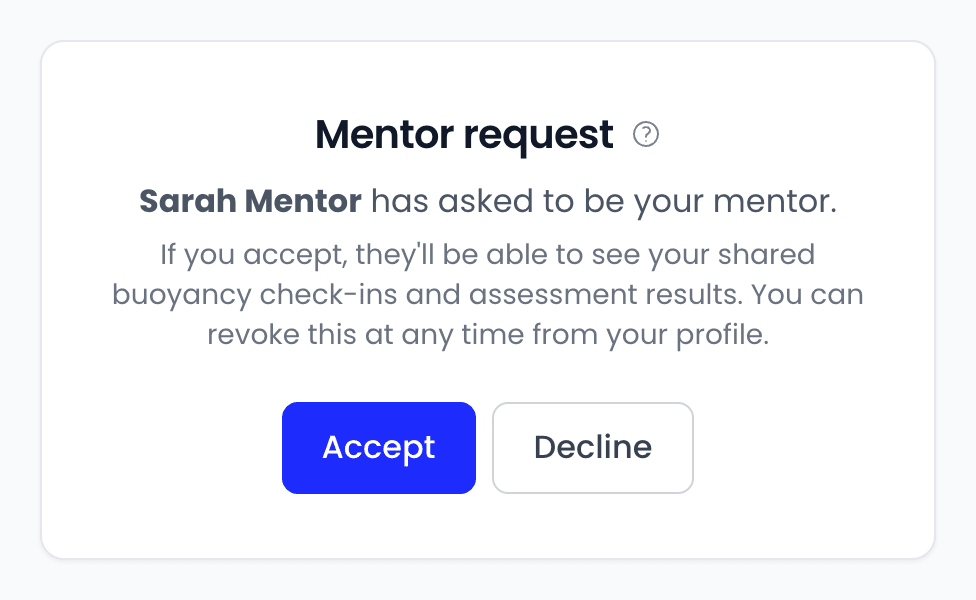 The Mentor request page: Sarah Mentor has asked to be your mentor, a note that they will see your check-ins and assessment results if you accept, and Accept and Decline buttons.